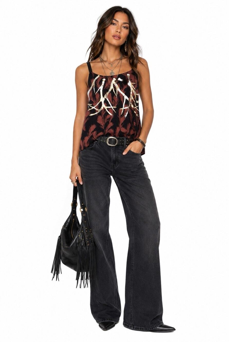 Y2K Lagenlook Boho Rozae Nichols Silk Cami Top Small Black Rust Feather Print
